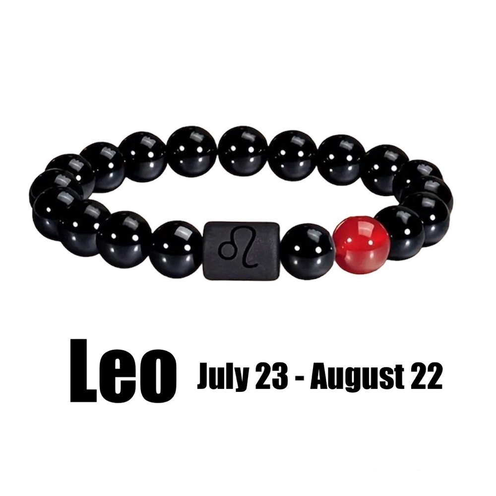 Leo ♌️ Zodiac Beaded Bracelet, Black 8mm Stone/Glass Beads •July 23-August 22•